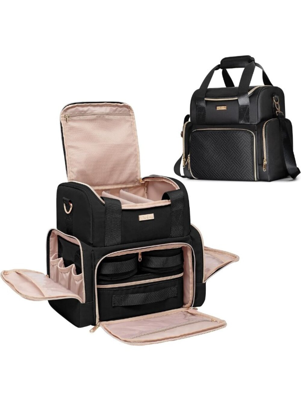 Spacious Double Layer Travel Makeup Organizer - Large Cosmetic Bag in Black